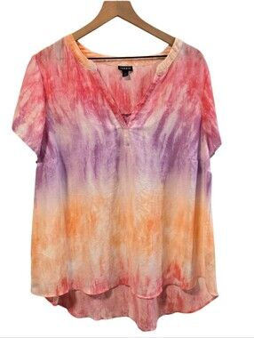 Torrid Pastel Watercolor Ombre Tie-Dye V-neck Lightweight Tunic Blouse Size 2